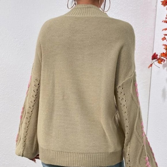 Tan Mockneck Lace-up Pointelle Knit Sweater Top - Picture 2 of 6